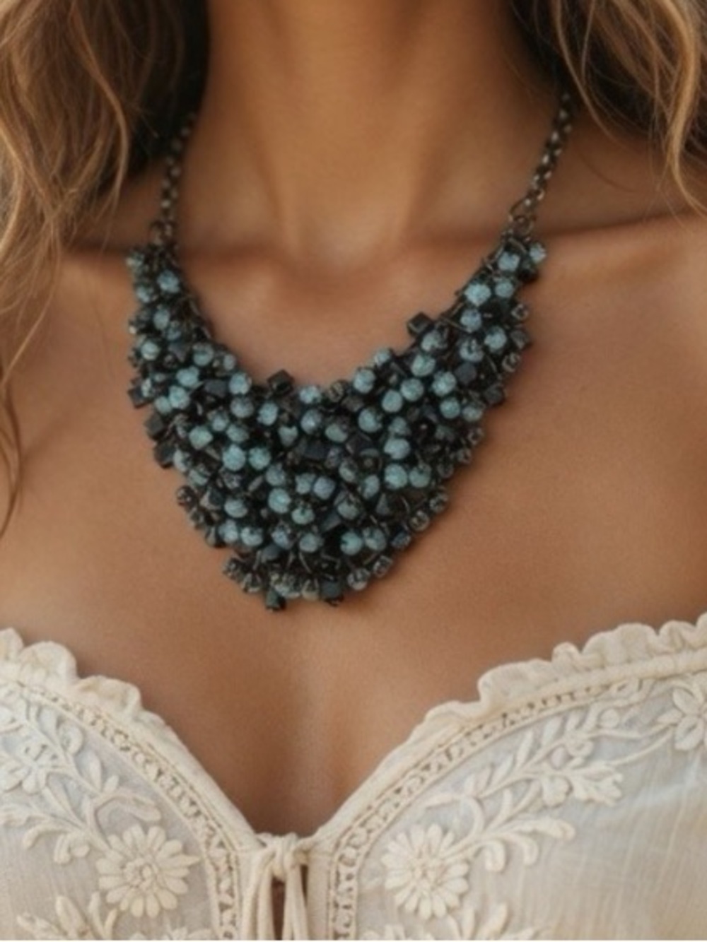 Aqua Sea Green Crystals Gunmetal Statement Necklace